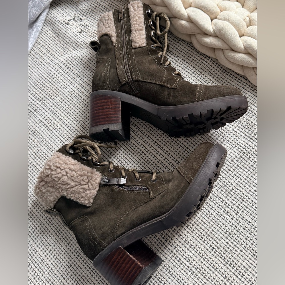 Marc Fisher Olive Lace-Up Boots with Shearling Cuff